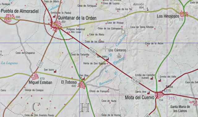 Plano actual de los lugares cercanos de Quintanar y Mota del Cuervo, de la Orden de Santiago