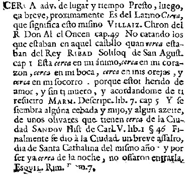 La palabra “cerca” con su significado y explicación, en el primer Diccionario de la Lengua Castellana, compuesto por la Real Academia Española en 1726, y dedicado al rey Felipe V